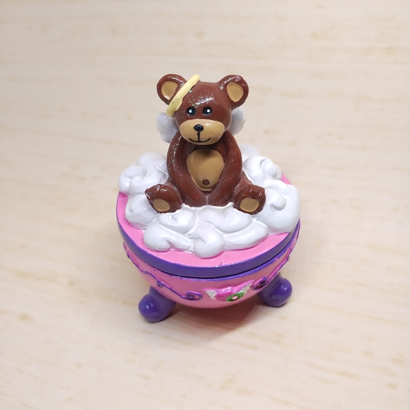 Claire's Other - Adorable Brown Bear Angel on Pink and Purple Base With Fluffy Cloud Trinket Box